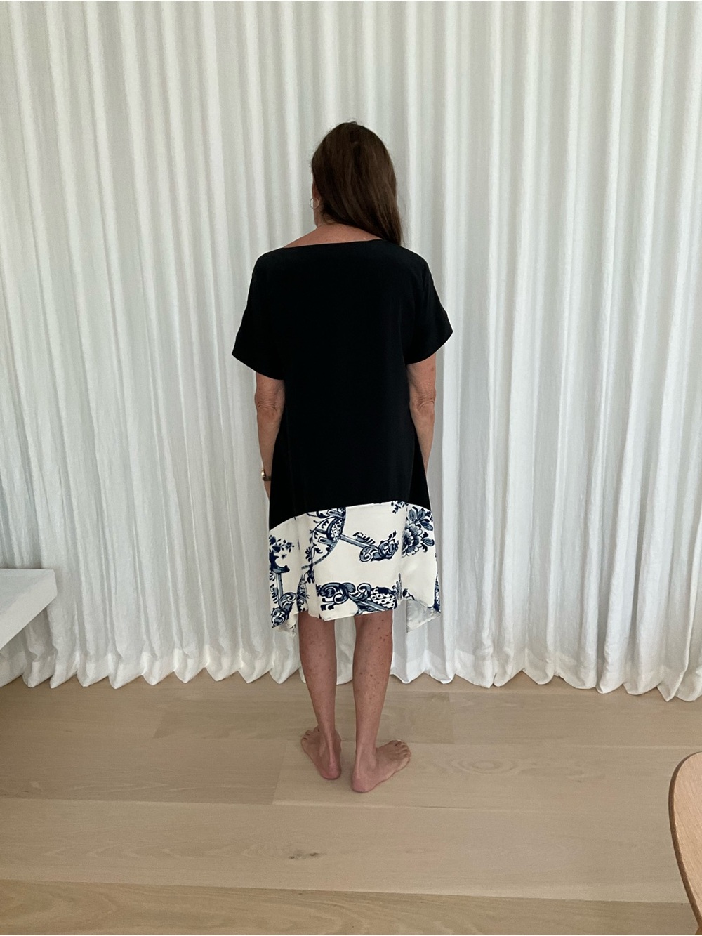 Elizabeth and James Black and White Asymmetrical Hem Dress with Blue Print